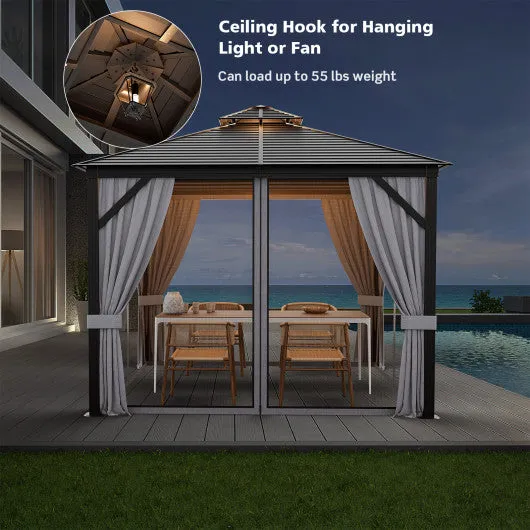 10 x 10 Feet Double-Top Hardtop Gazebo with Galvanized Steel Roof-Brown