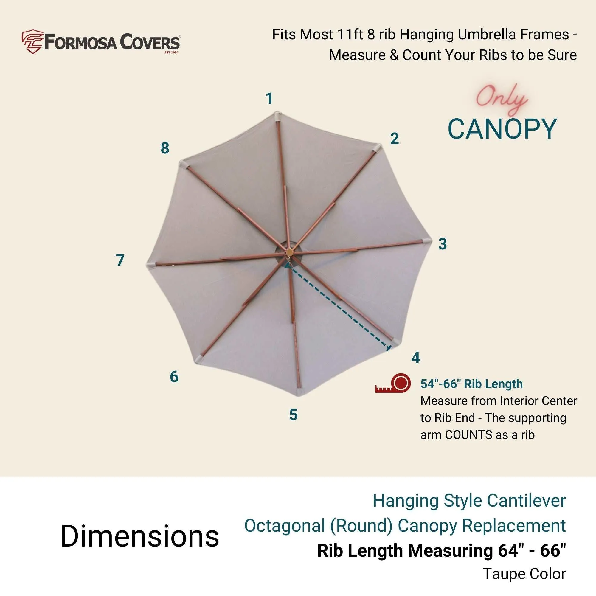 11ft Cantilever Hanging Umbrella 8 Rib Replacement Canopy Taupe