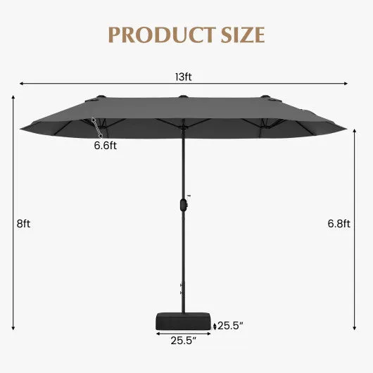 13 Feet Double-Sided Patio Twin Table Umbrella with Crank Handle-Gray