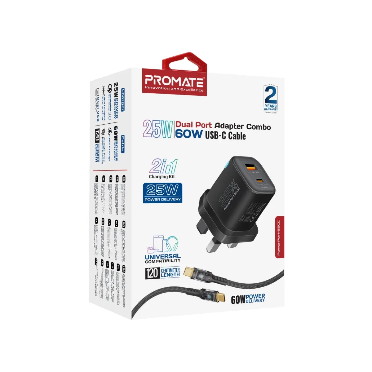 25W Dual Port Adapter Combo with 60W Fast Charging USB-C Cable