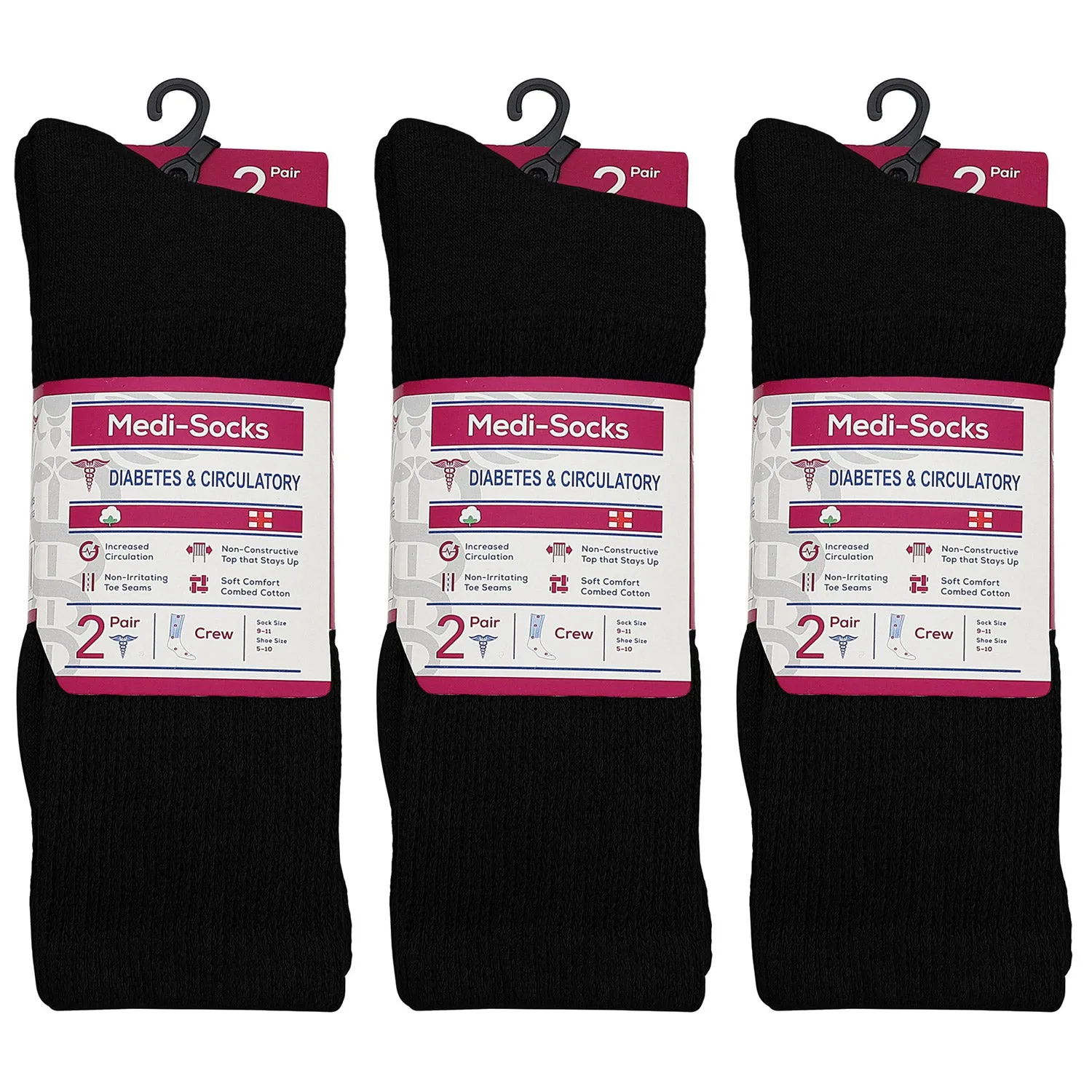 Falari Women Diabetic Socks Diabetes Edema and Circulatory Loose Fitting Cotton Crew Socks - 6 Pairs Black