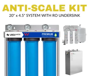 Land & Water 3-Stage Water Filtration Premium System 20" x 4.5" with SS Cover, Frame, Hard Water (Anti-Scale) Kit & 5-Stage Undersink RO Filter Combo