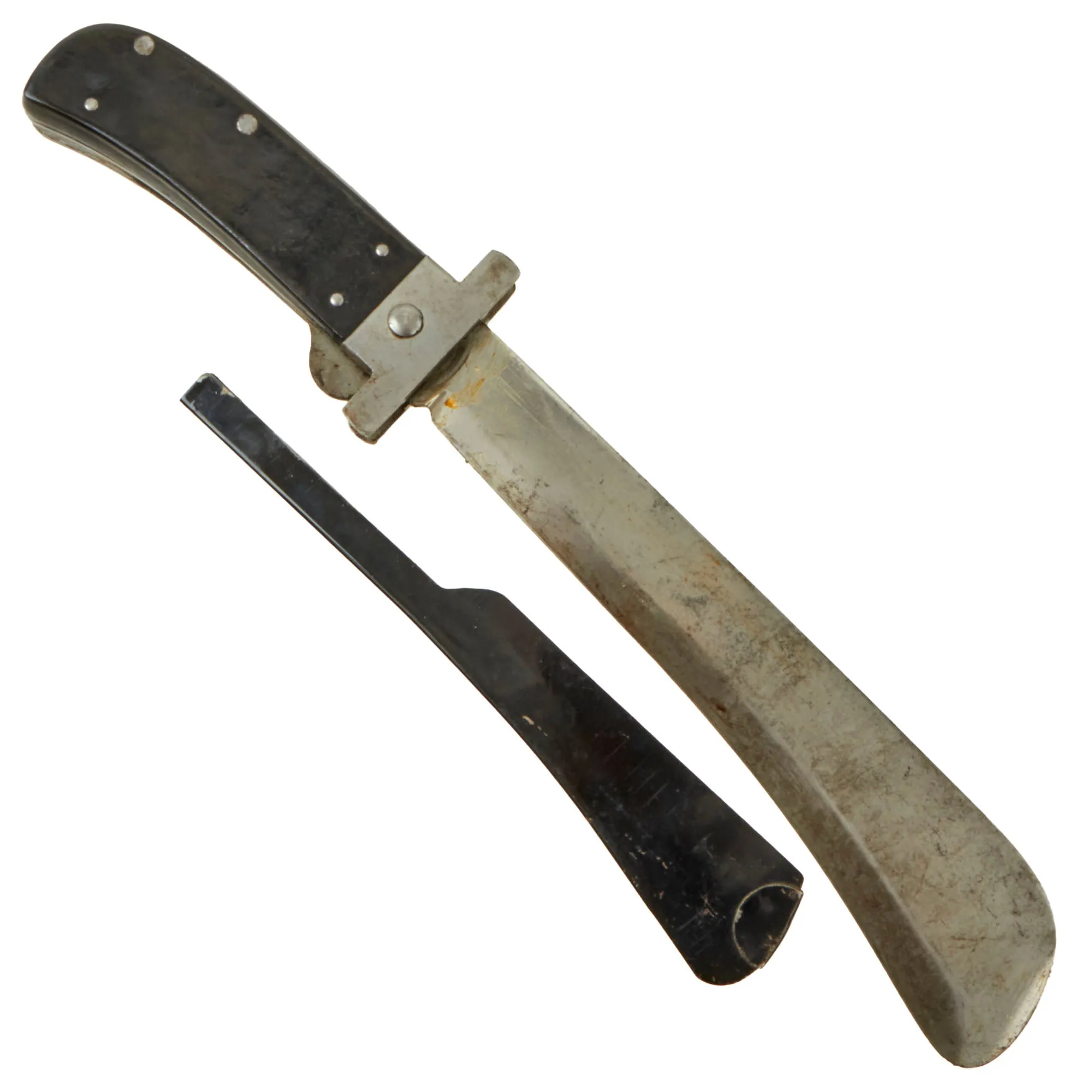 Original U.S. WWII USAAF Airmen's Folding Survival Machete by Cattaraugus with Rare Blade Guard and Leather Carry Scabbard