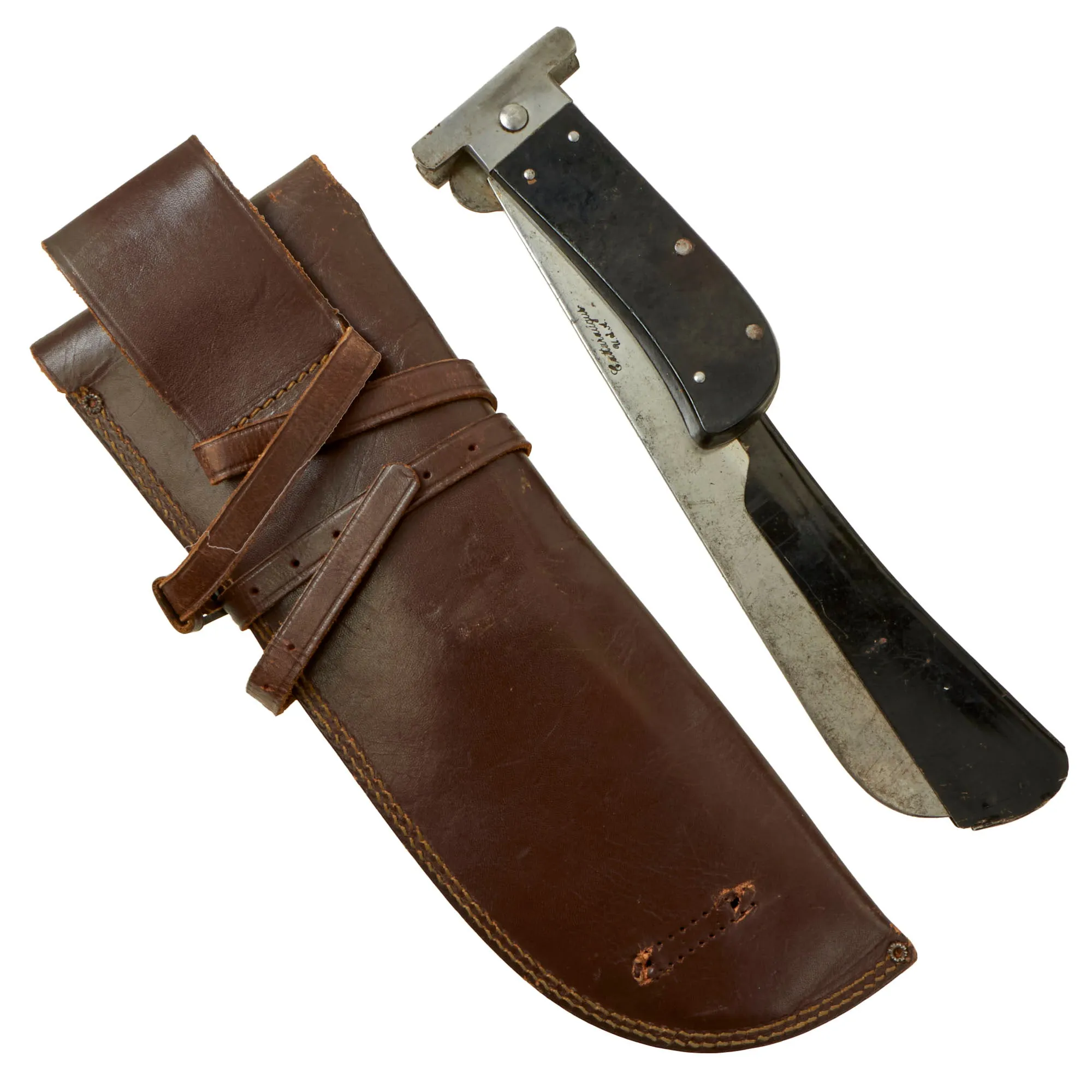 Original U.S. WWII USAAF Airmen's Folding Survival Machete by Cattaraugus with Rare Blade Guard and Leather Carry Scabbard