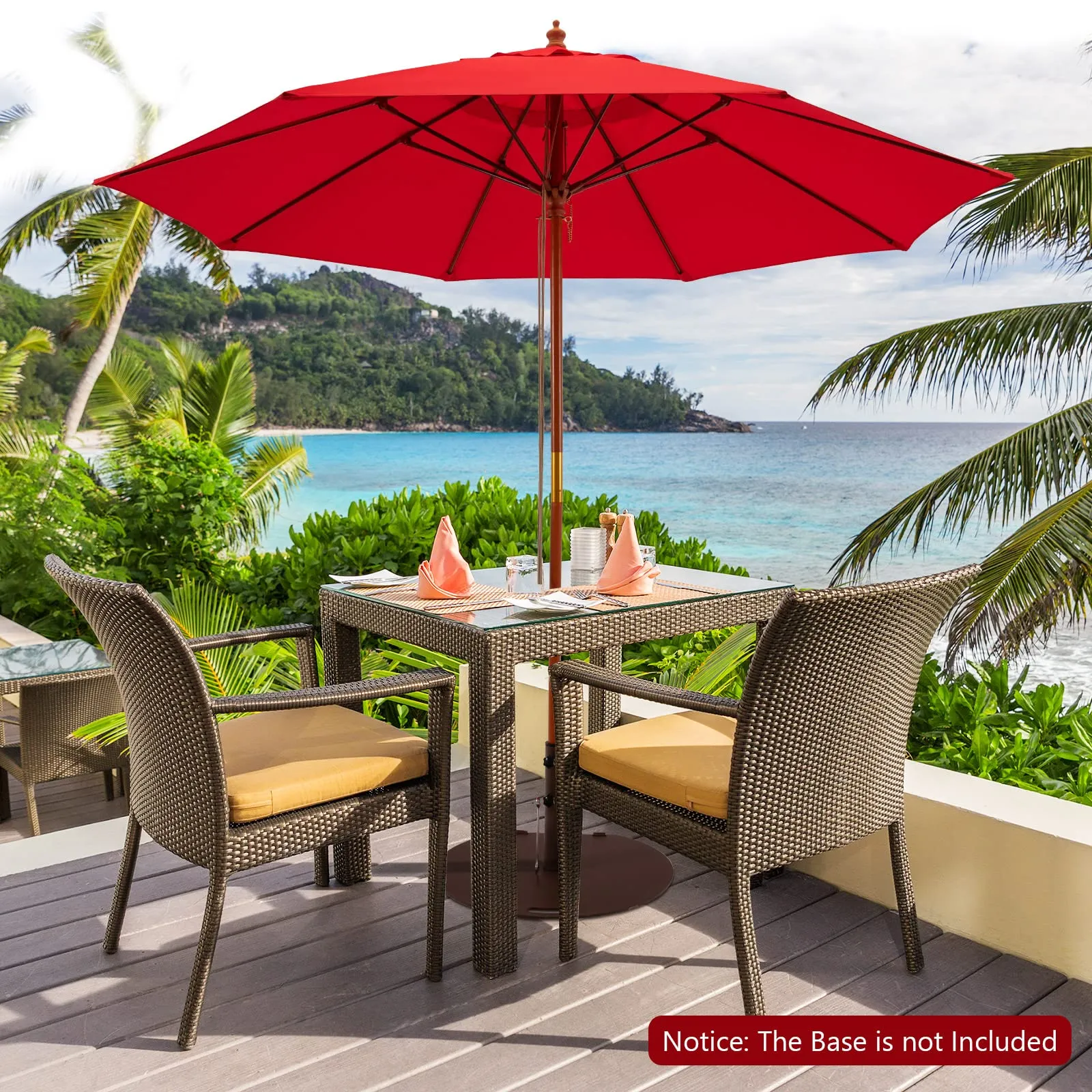 TANGKULA 9.5 FT Pulley Lift Round Patio Umbrella, Wooden Market Umbrella