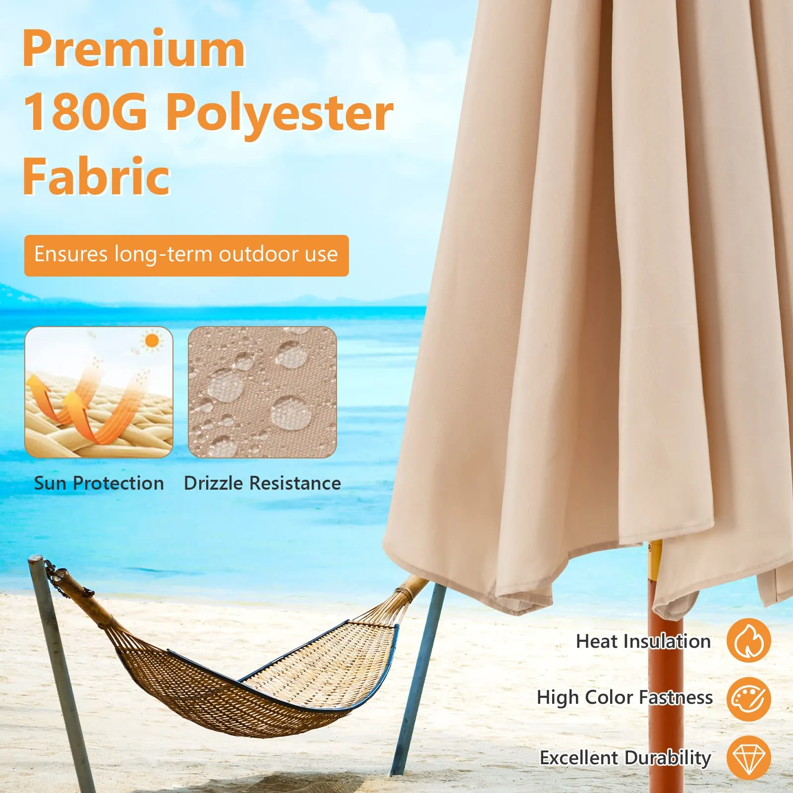 TANGKULA 9.5 FT Pulley Lift Round Patio Umbrella, Wooden Market Umbrella