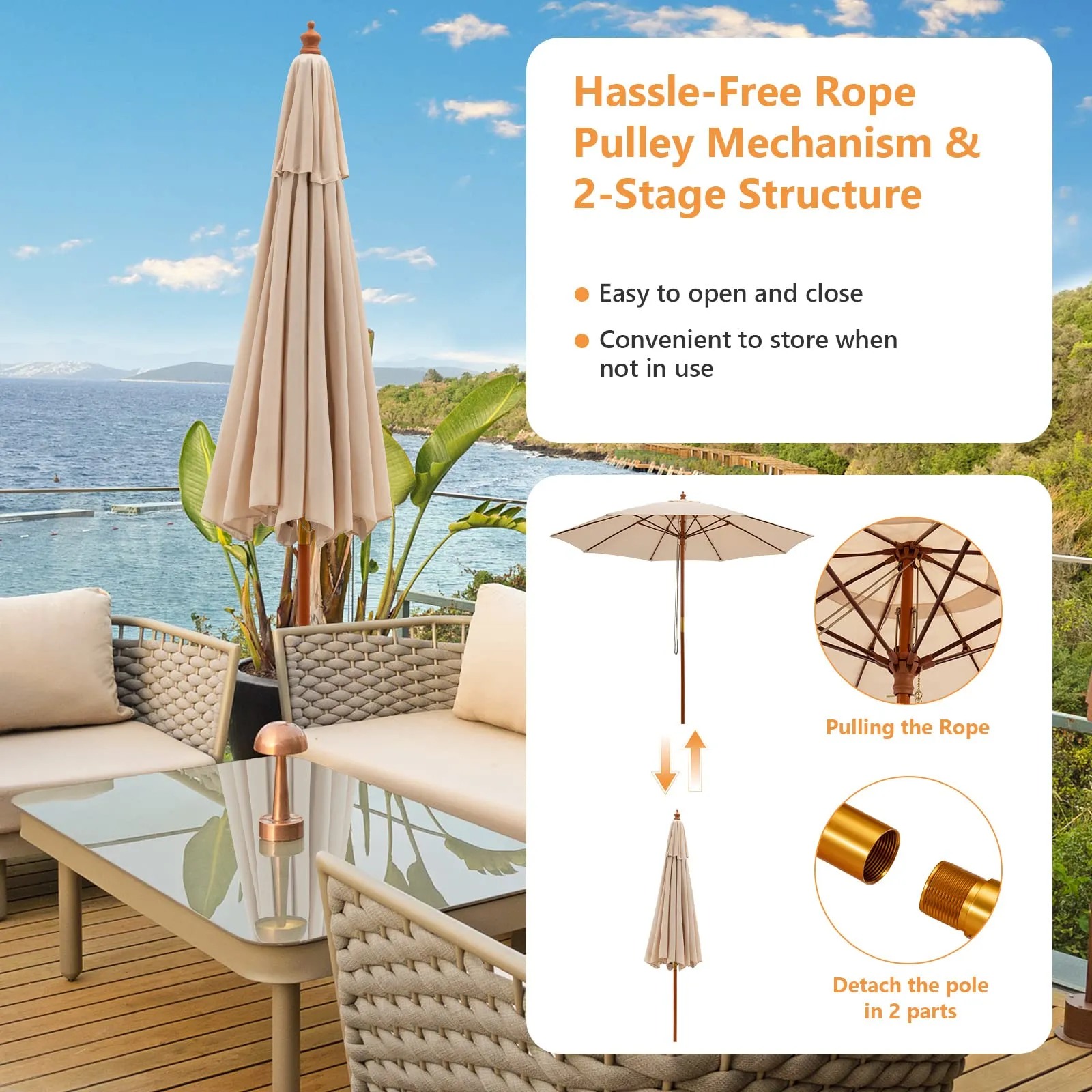 TANGKULA 9.5 FT Pulley Lift Round Patio Umbrella, Wooden Market Umbrella