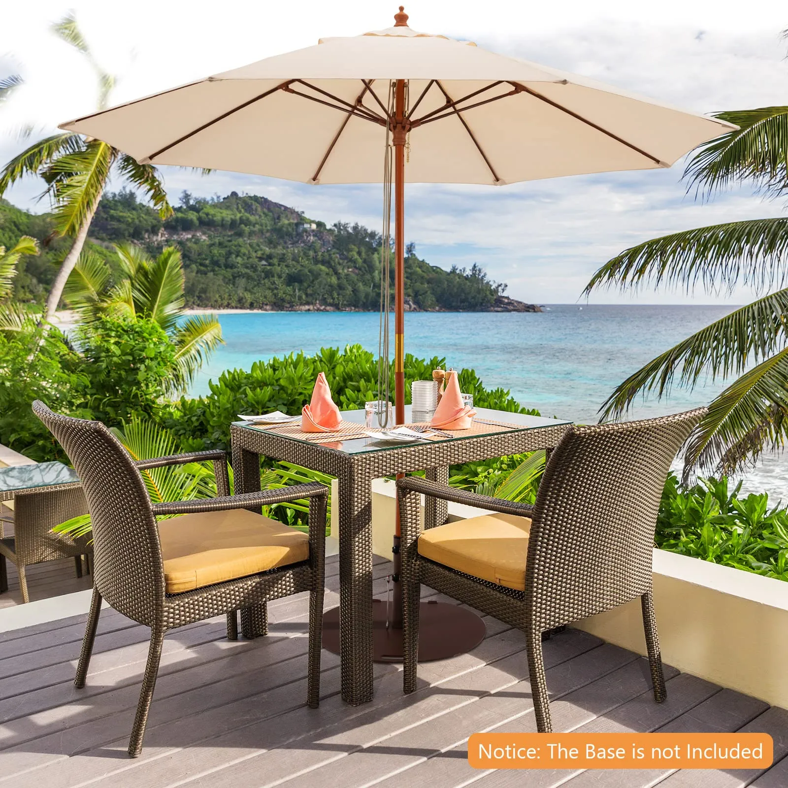 TANGKULA 9.5 FT Pulley Lift Round Patio Umbrella, Wooden Market Umbrella