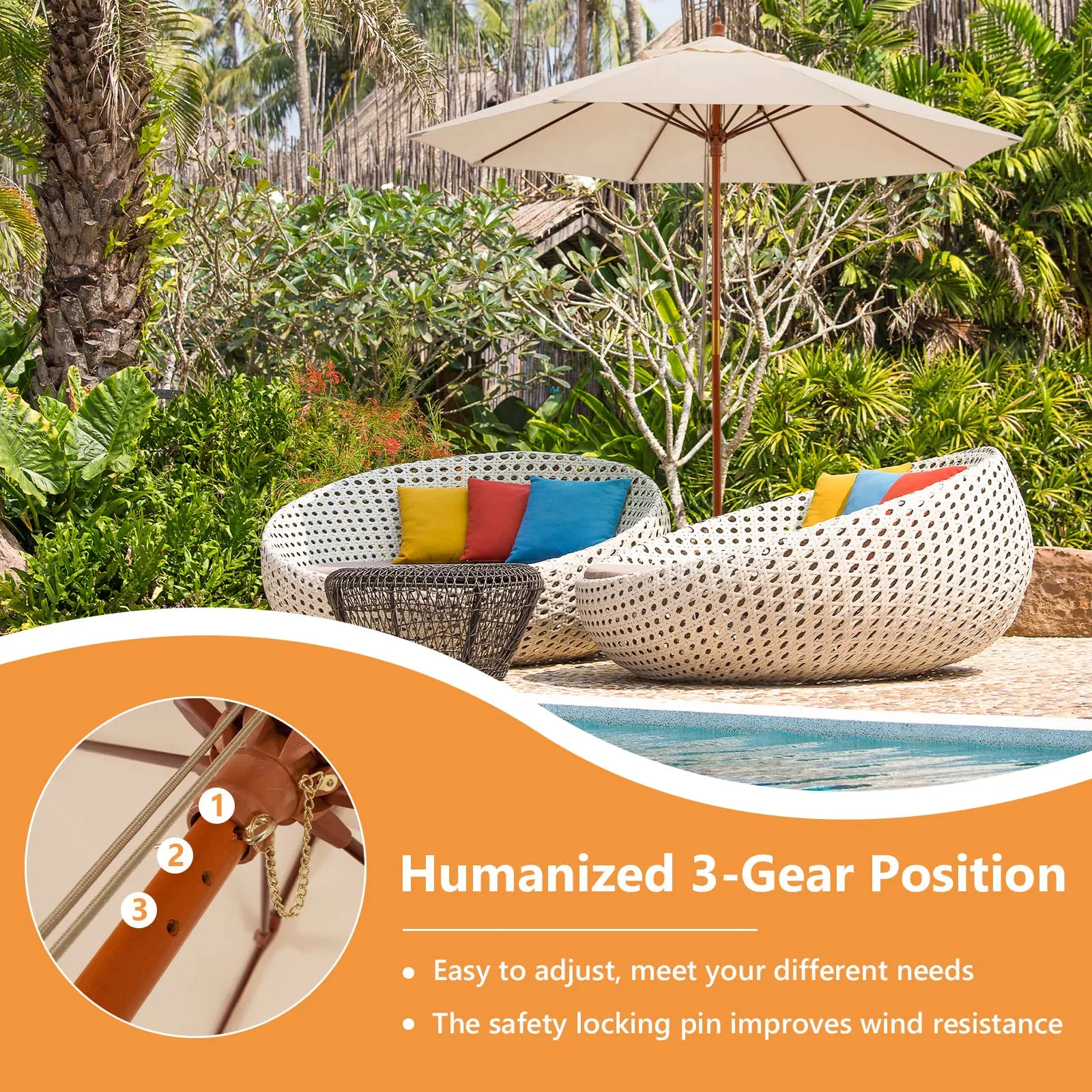 TANGKULA 9.5 FT Pulley Lift Round Patio Umbrella, Wooden Market Umbrella