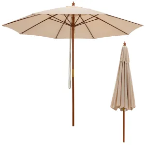 TANGKULA 9.5 FT Pulley Lift Round Patio Umbrella, Wooden Market Umbrella