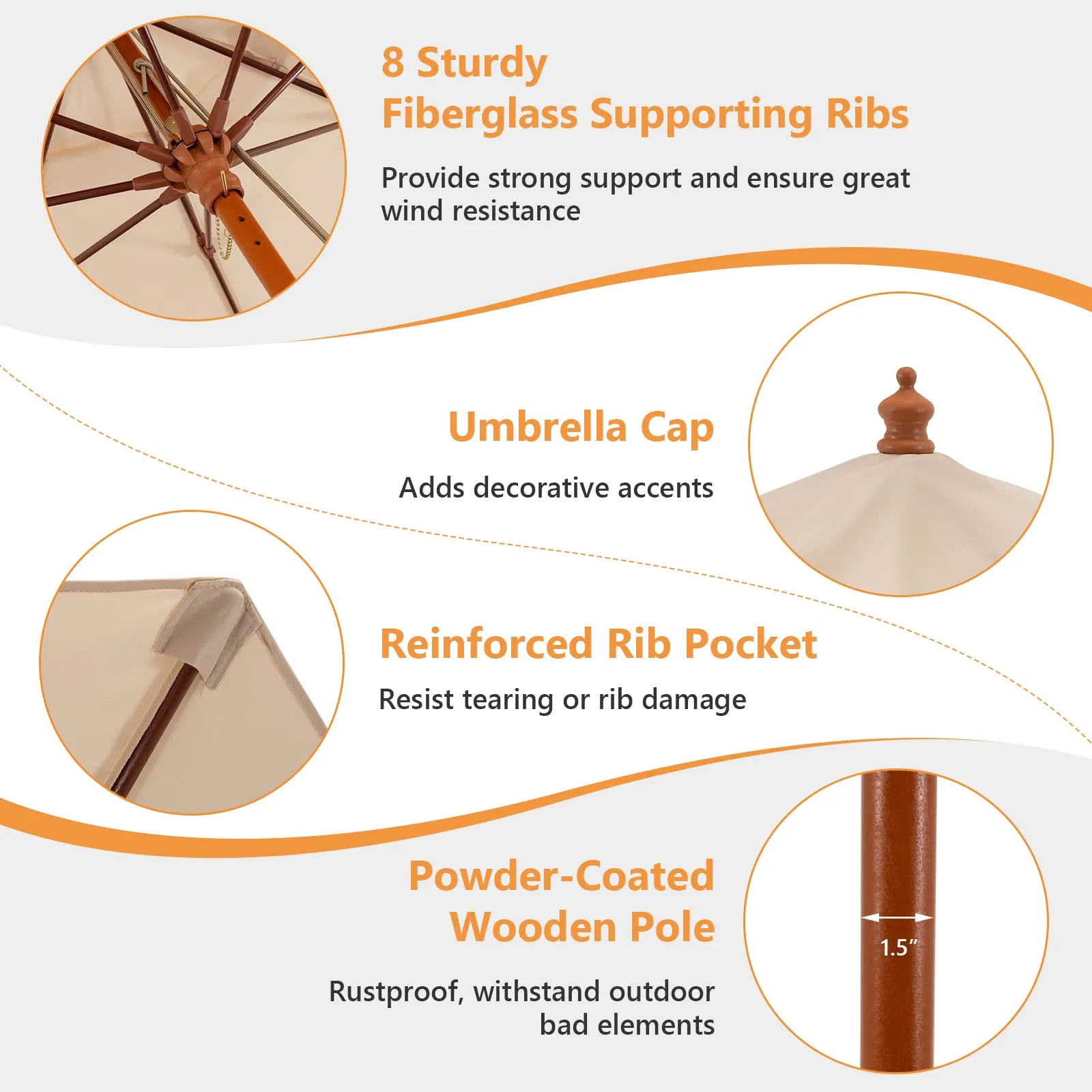 TANGKULA 9.5 FT Pulley Lift Round Patio Umbrella, Wooden Market Umbrella