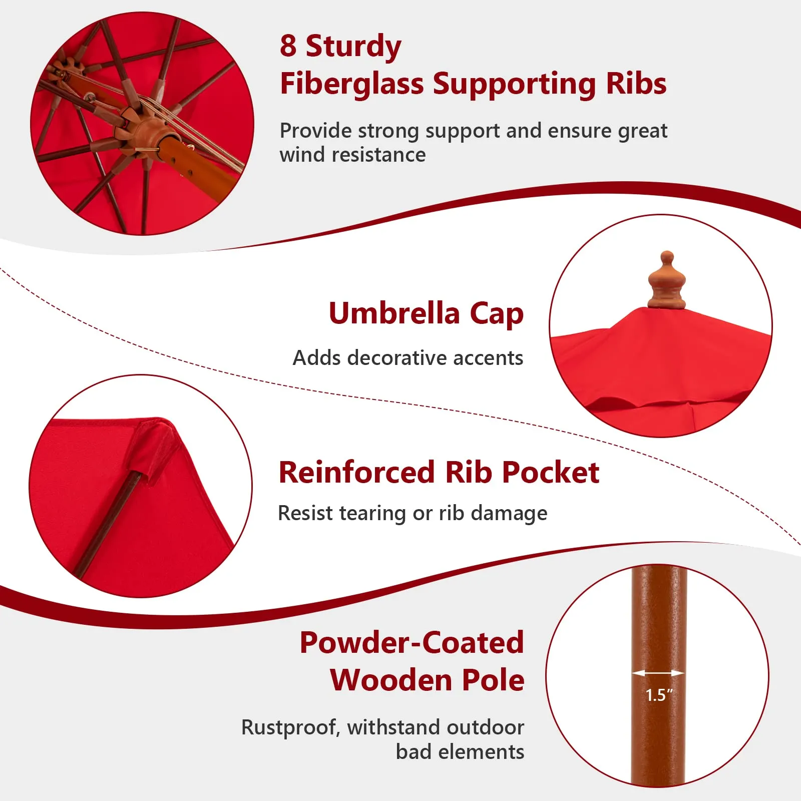 TANGKULA 9.5 FT Pulley Lift Round Patio Umbrella, Wooden Market Umbrella