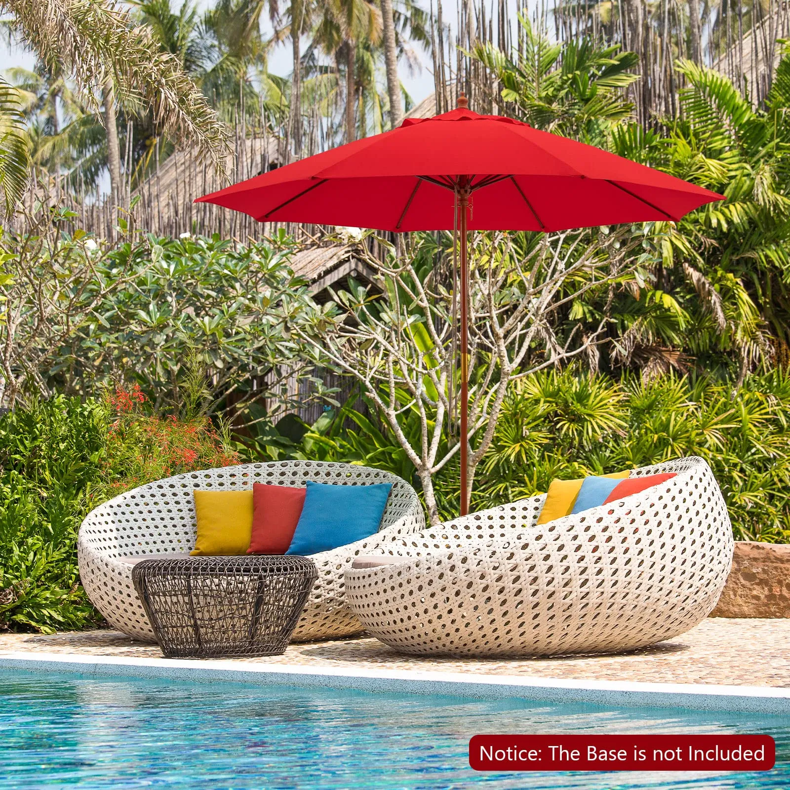 TANGKULA 9.5 FT Pulley Lift Round Patio Umbrella, Wooden Market Umbrella