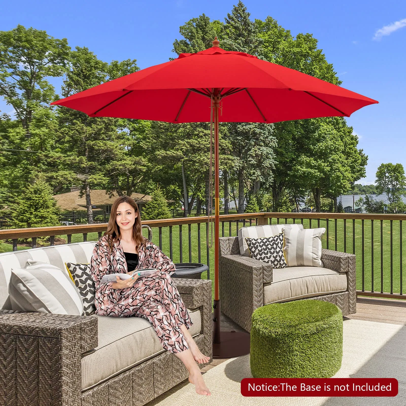 TANGKULA 9.5 FT Pulley Lift Round Patio Umbrella, Wooden Market Umbrella