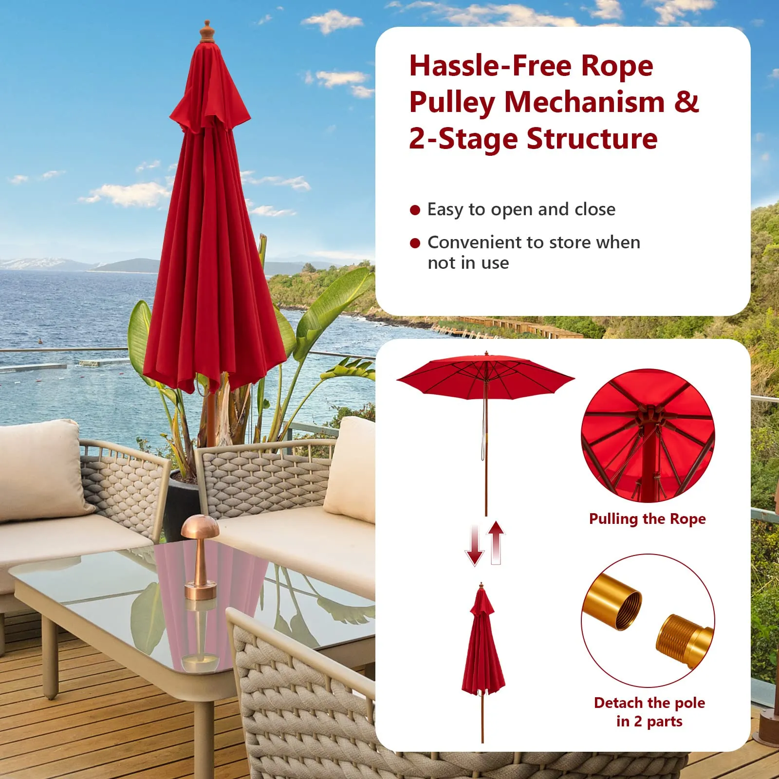TANGKULA 9.5 FT Pulley Lift Round Patio Umbrella, Wooden Market Umbrella