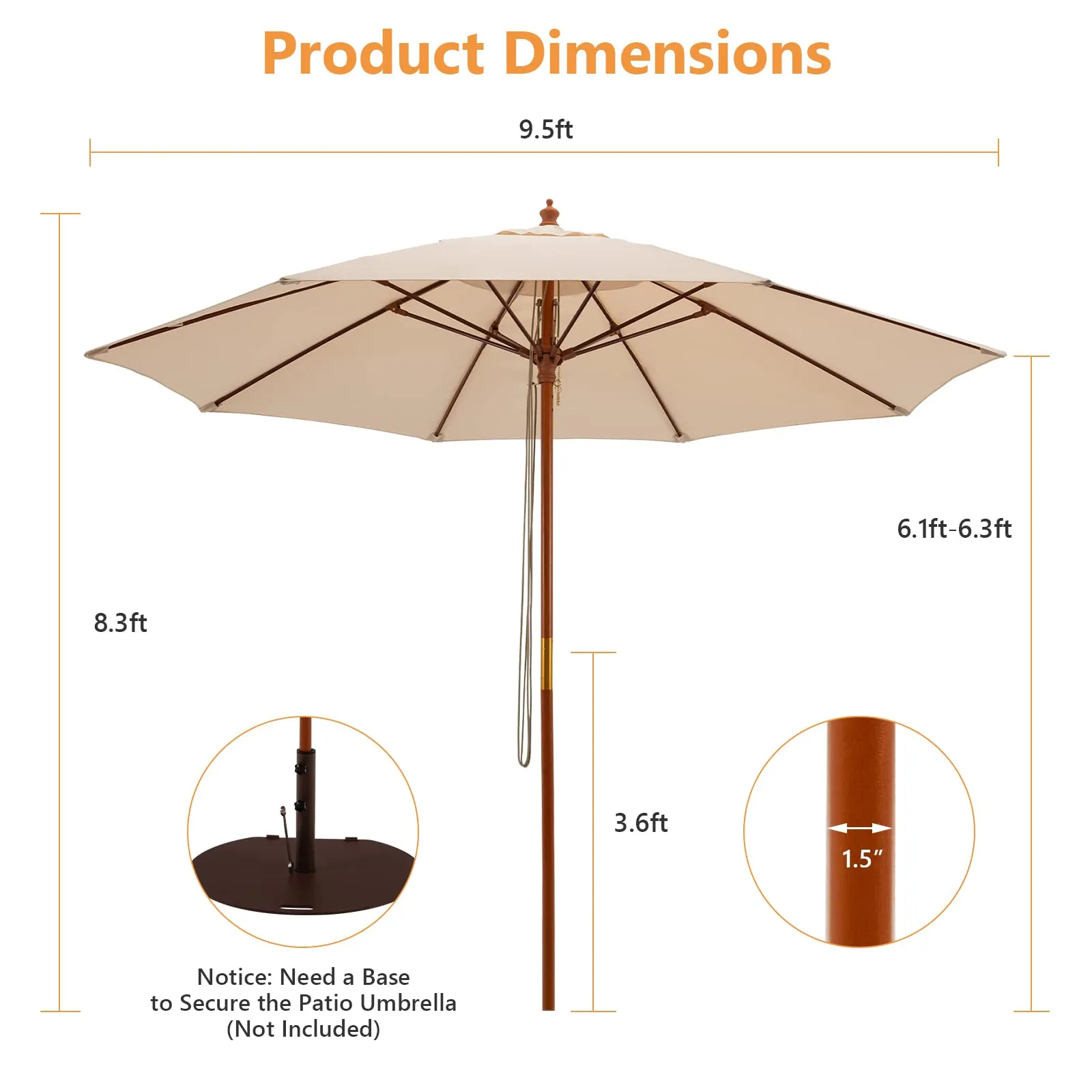 TANGKULA 9.5 FT Pulley Lift Round Patio Umbrella, Wooden Market Umbrella