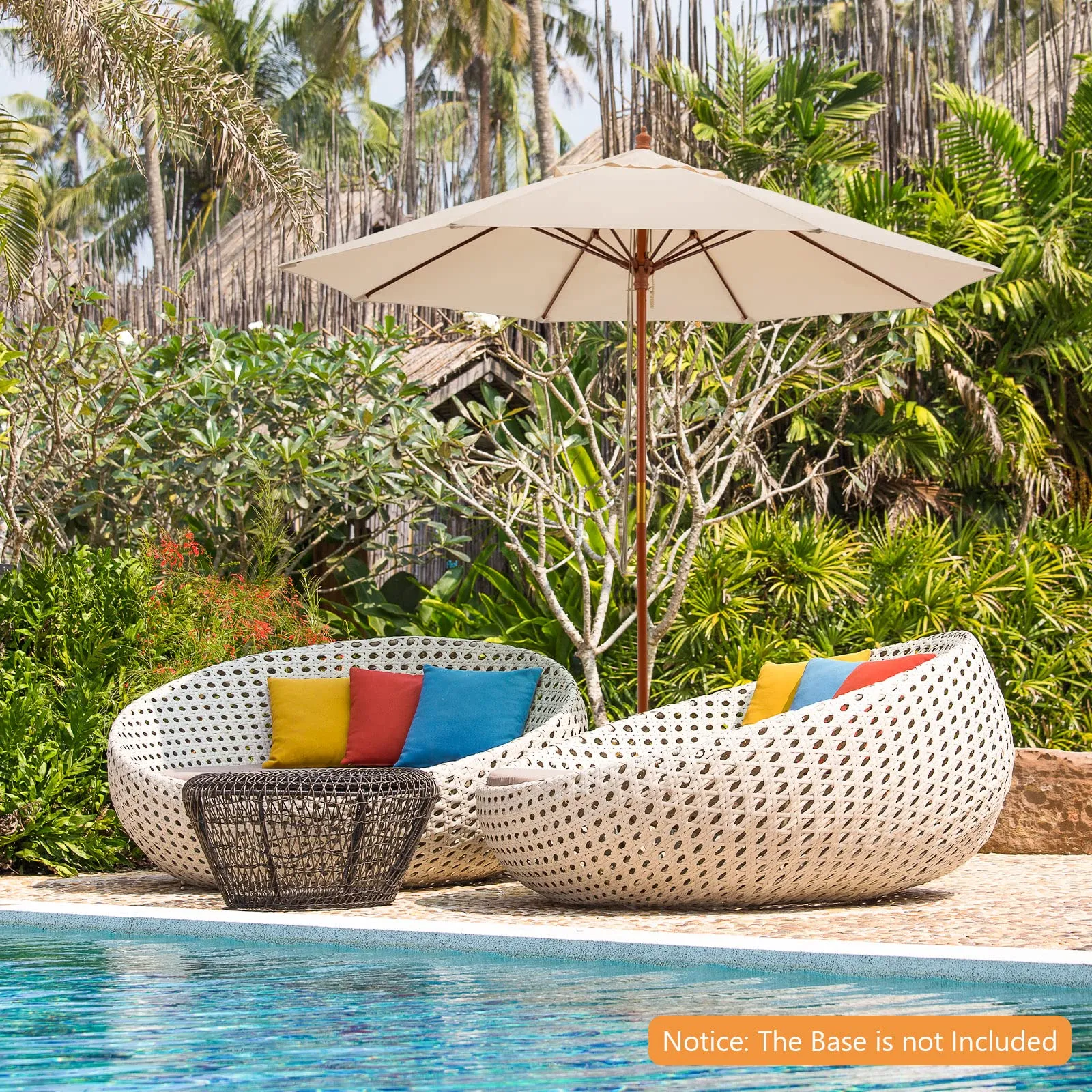 TANGKULA 9.5 FT Pulley Lift Round Patio Umbrella, Wooden Market Umbrella