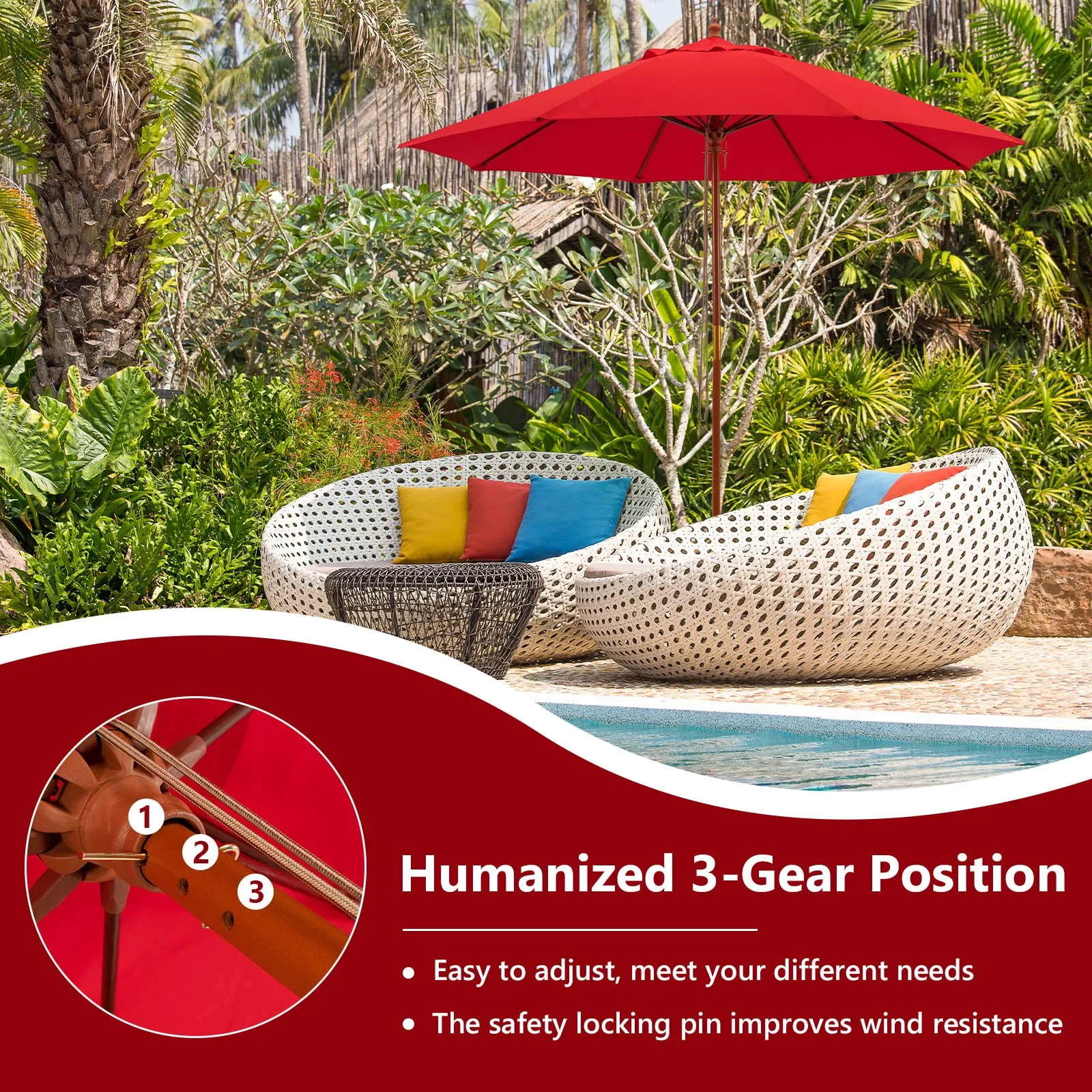 TANGKULA 9.5 FT Pulley Lift Round Patio Umbrella, Wooden Market Umbrella
