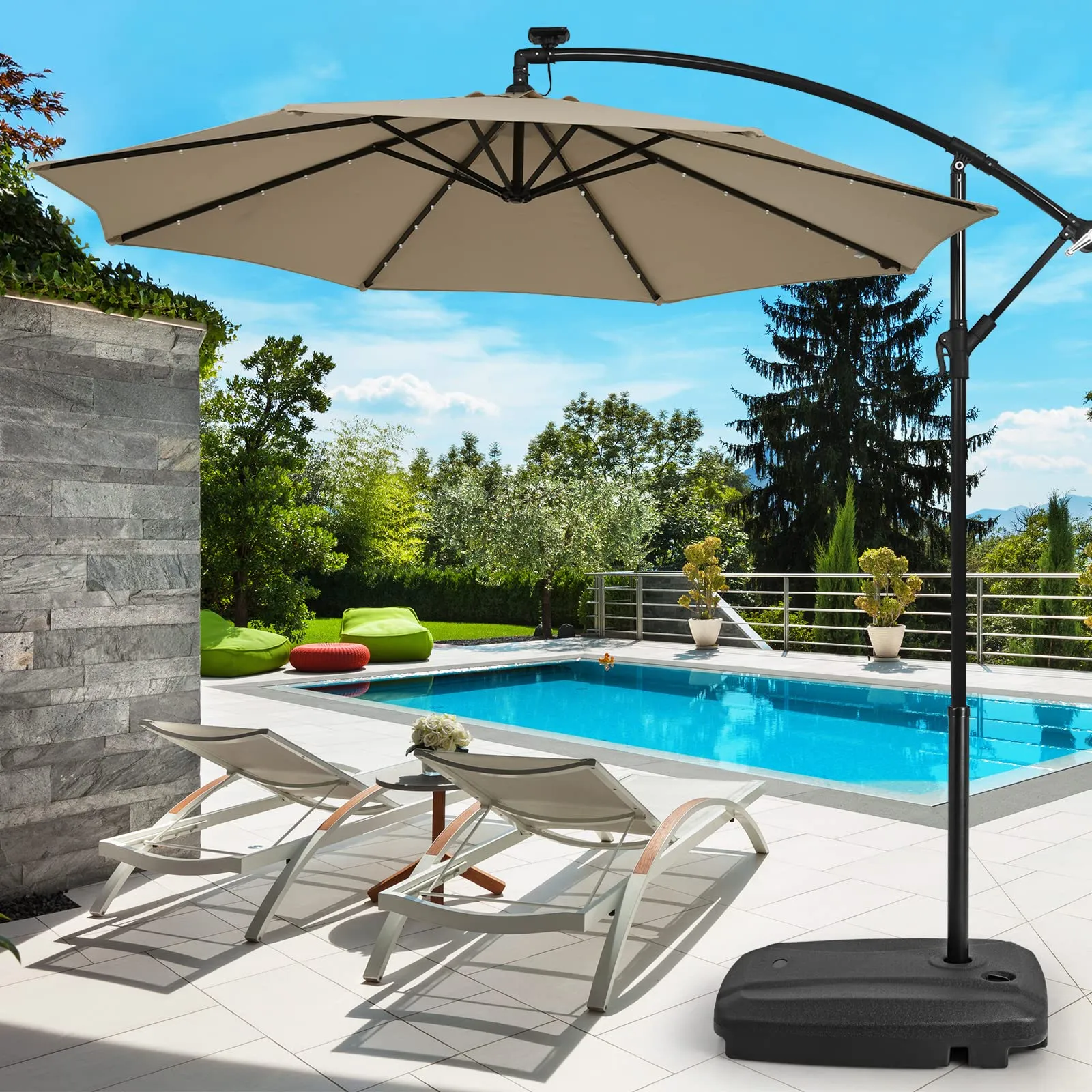 Tangkula Universal Offset Umbrella Base, Water & Sand Filled Heavy Duty Base with Cross Base & Wheels