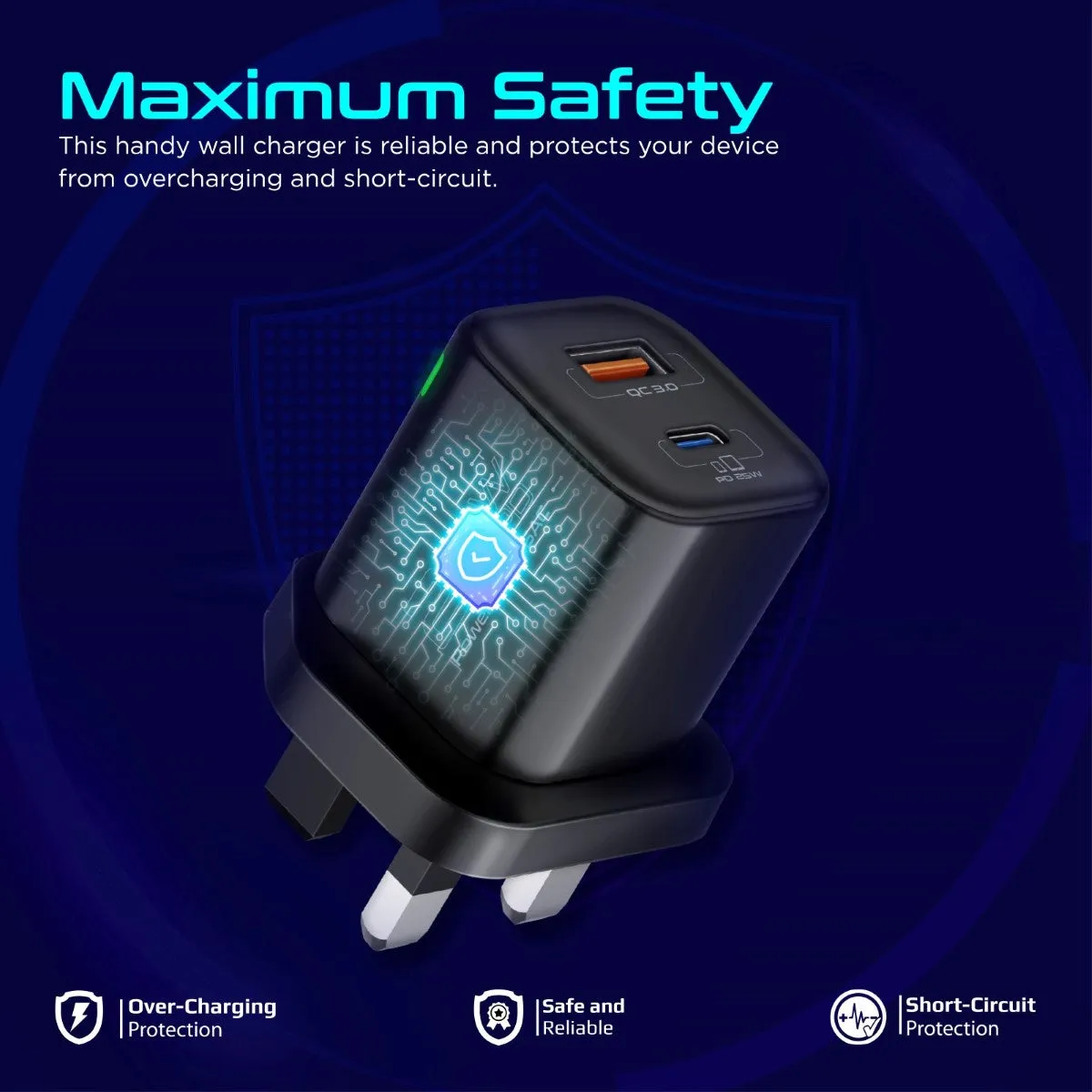Ultra-Fast Dual Port AC Charger with 25W Power Delivery and QC 3.0