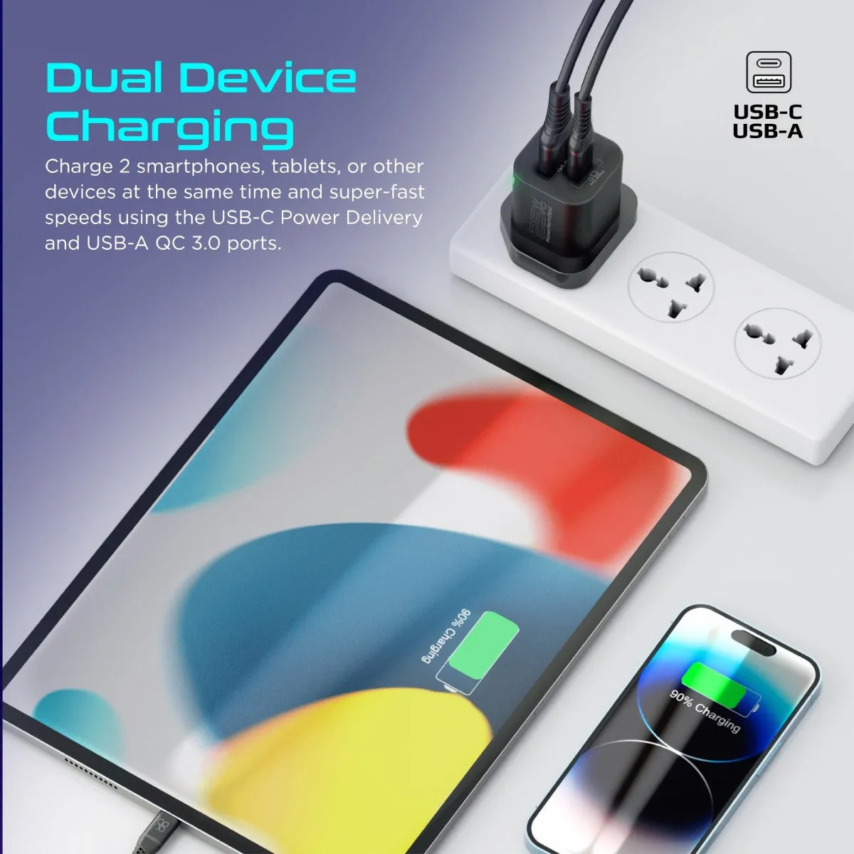 Ultra-Fast Dual Port AC Charger with 25W Power Delivery and QC 3.0