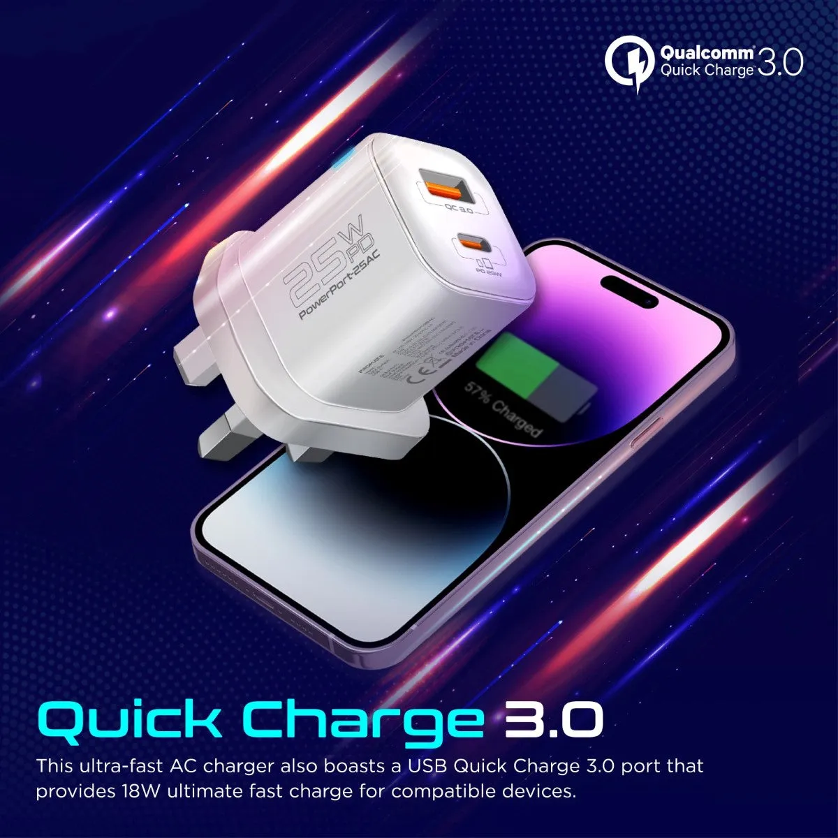 Ultra-Fast Dual Port AC Charger with 25W Power Delivery and QC 3.0